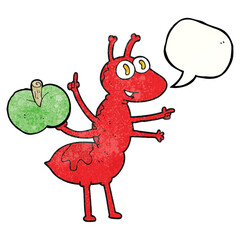 freehand speech bubble textured cartoon ant with apple