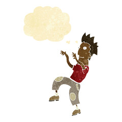 cartoon happy man doing funny dance with thought bubble