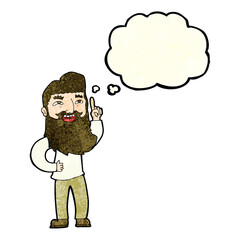 cartoon happy bearded man with idea with thought bubble