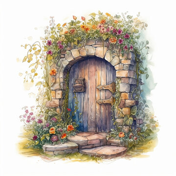 adorabile illustration of a fairy door with flowers. Generative AI