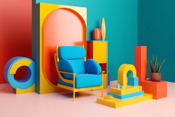 ball colourful memphis room design home geometric interior armchair sofa art. Generative AI.