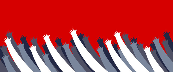 A lot of hands up crowd vector minimal design illustration, fan zone, prayers or beggars, poverty.