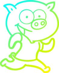 cold gradient line drawing of a cheerful pig exercising cartoon