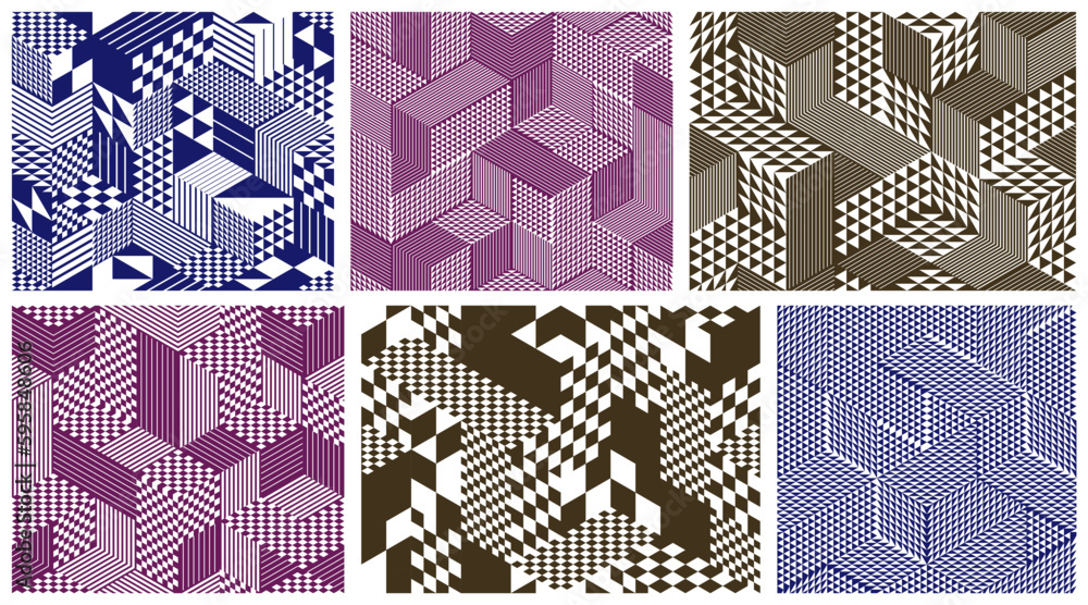 Poster seamless cubes vector backgrounds set, rhombus and triangles boxes repeating tile patterns, 3d archi