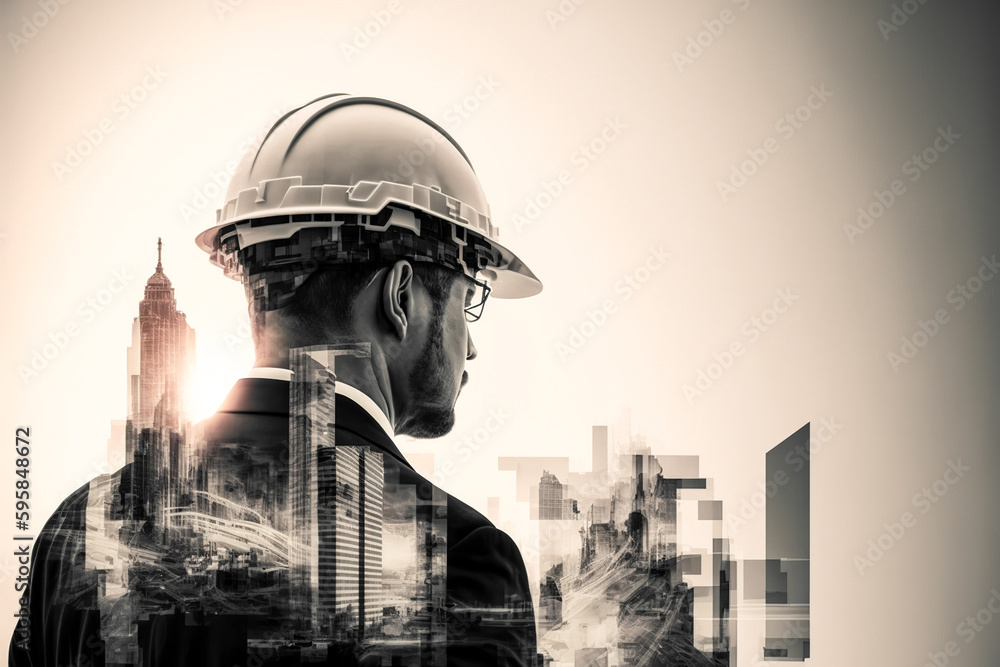 Poster civil engineer portrait as concept for building construct by professional with hardhat helmet engine