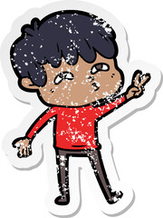 distressed sticker of a cartoon curious man