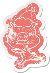 angry quirky cartoon distressed sticker of a pig wearing santa hat