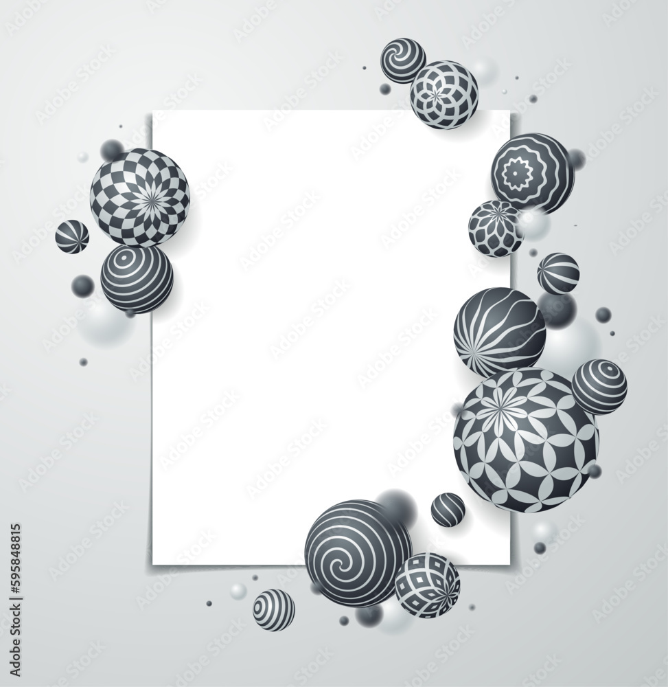 Poster abstract spheres vector background with blank paper sheet, composition of flying balls decorated wit