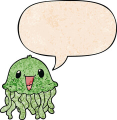 cartoon jellyfish with speech bubble in retro texture style