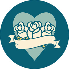 iconic tattoo style image of a heart and banner with flowers