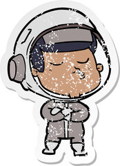 distressed sticker of a cartoon confident astronaut