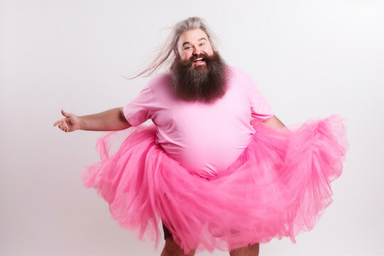 Funny man with big belly in fairy ballerina dress. Generative ai.