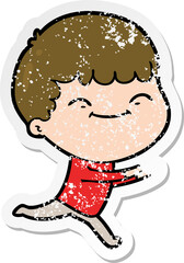 distressed sticker of a cartoon happy boy
