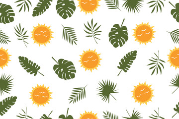 Seamless pattern of abstract leaves and the sun. Vector drawing of tropical leaves. Trendy botanical elements for your design. Vector