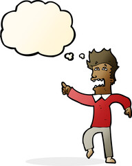 cartoon frightened man pointing with thought bubble