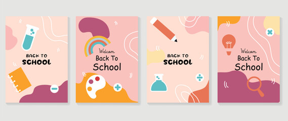 Fototapeta na wymiar Welcome back to school cover background vector set. Cute childhood illustration with book, lab tube, color plate, pencil, mathematical symbols. Back to school collection for prints, education, banner.