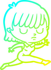 cold gradient line drawing of a cartoon woman