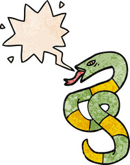 hissing cartoon snake with speech bubble in retro texture style