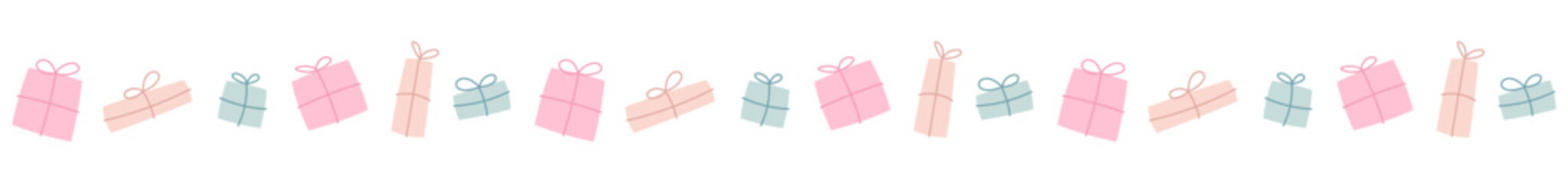 Seamless border with gift boxes. Pastel colors. Can be used for cards, invitations. Isolated vector and PNG illustration on transparent background.