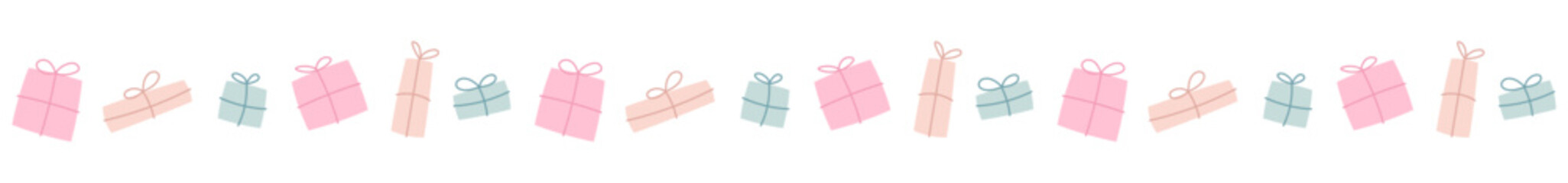 Seamless border with gift boxes. Pastel colors. Can be used for cards, invitations. Isolated vector and PNG illustration on transparent background.