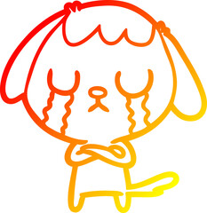 warm gradient line drawing of a cute cartoon dog crying