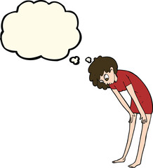 cartoon woman looking at her feet with thought bubble