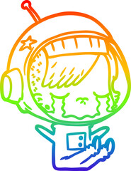 rainbow gradient line drawing of a cartoon crying astronaut girl