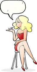 cartoon woman sitting on bar stool with speech bubble