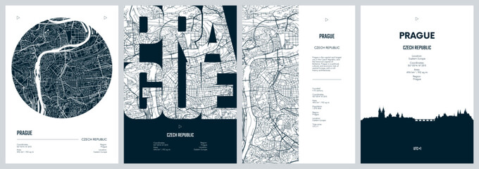 Set of travel posters with Prague, detailed urban street plan city map, Silhouette city skyline, vector artwork - obrazy, fototapety, plakaty