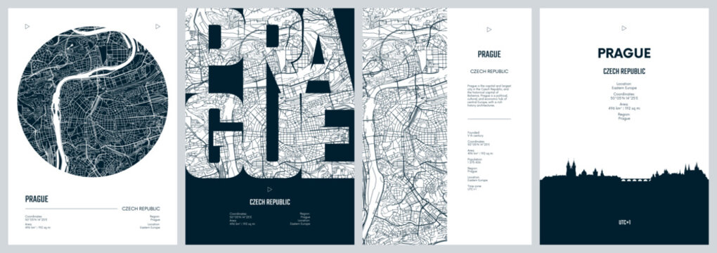 Set of travel posters with Prague, detailed urban street plan city map, Silhouette city skyline, vector artwork