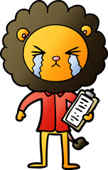 cartoon crying lion with clipboard