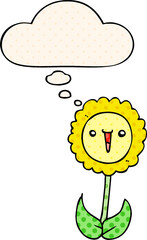 cartoon flower with thought bubble in comic book style