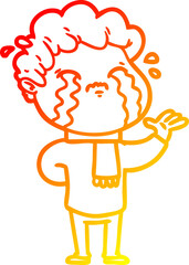 warm gradient line drawing of a cartoon man crying