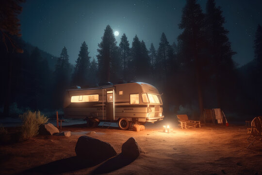 Van life, RV motohome a campfire in the forest, moon, ai generative