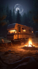 Van life, RV motohome a campfire in the forest, moon, ai generative