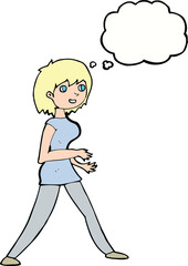 cartoon woman walking with thought bubble