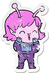 distressed sticker of a cartoon alien girl giggling