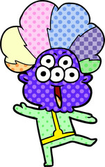 happy cartoon alien dancing in clown wig