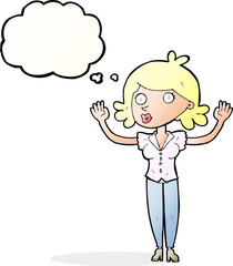 cartoon woman surrendering with thought bubble