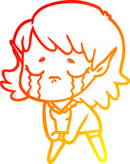 warm gradient line drawing of a cartoon crying elf girl