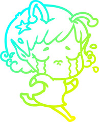 cold gradient line drawing of a cartoon crying alien girl