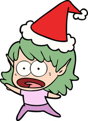 hand drawn line drawing of a shocked elf girl wearing santa hat