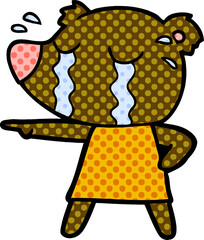 cartoon crying bear in dress pointing