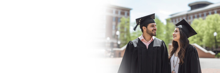 Fototapeta premium Banner of Young graduate students against university background, AI generated