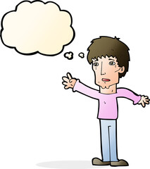 cartoon worried man reaching out with speech bubble