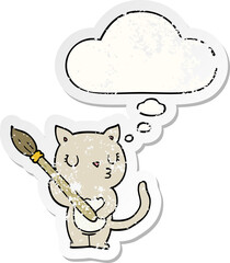 cute cartoon cat with thought bubble as a distressed worn sticker