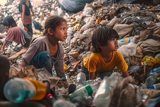Poor homeless asian kid boy girl children in torn dirty clothes at the city garbage dump are working sorting garbage for recycling and secondary raw materials. Generative AI.
