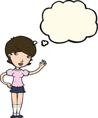 cartoon girl waving with thought bubble