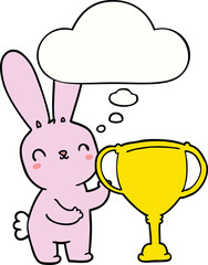 cute cartoon rabbit with sports trophy cup with thought bubble