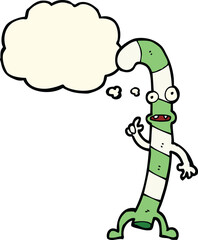 cartoon dancing christmas candy cane with thought bubble
